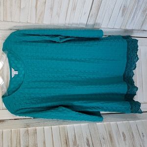 Rebecca Malone Turquoise Blue 3/4 Sleeve Crochet Hemline Top